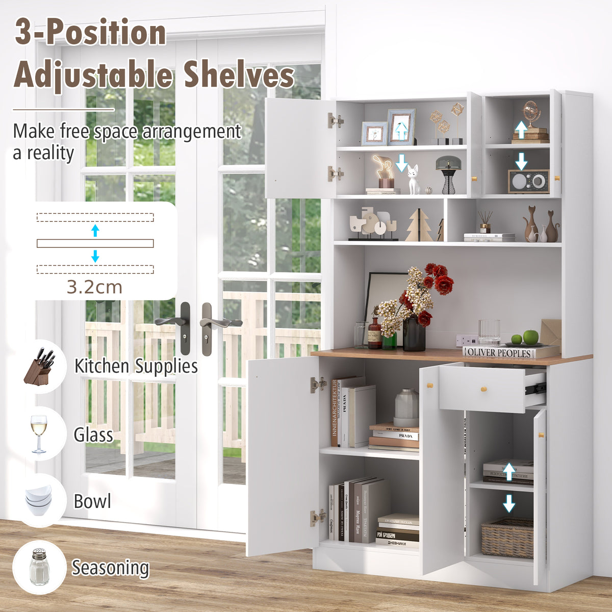 180 cm Tall Pantry Cabinet with Outlets USB Ports-White