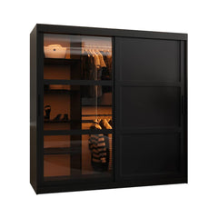 A black sliding door wardrobe with mirrored panels and internal shelving