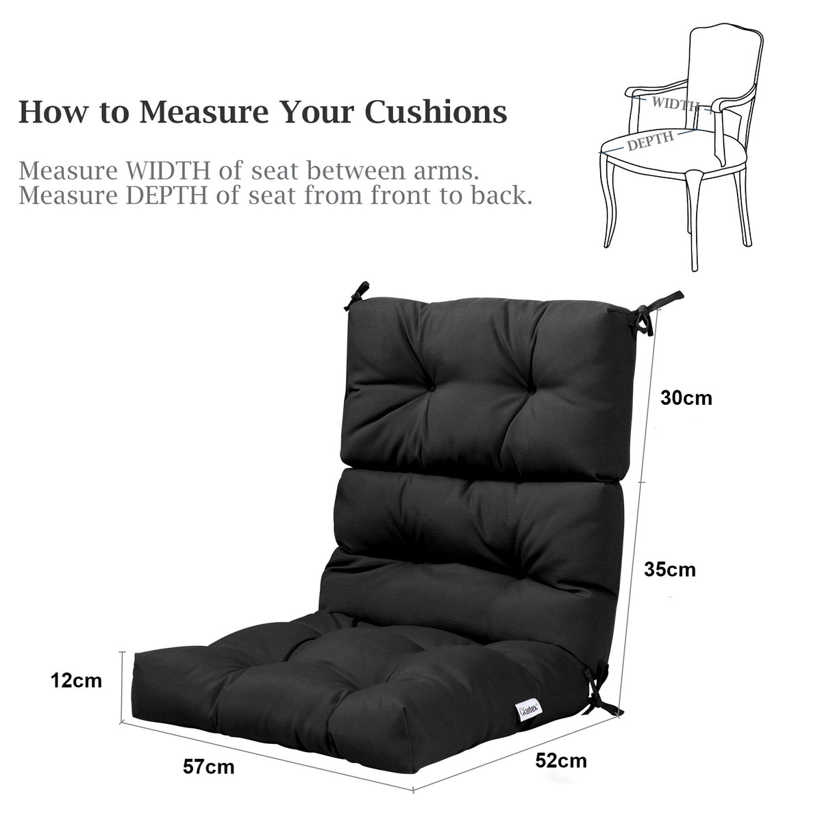 Patio Chair Seat Pads with Non-slip Rope Belts and Sun Protection for Indoor Outdoor Use-Black