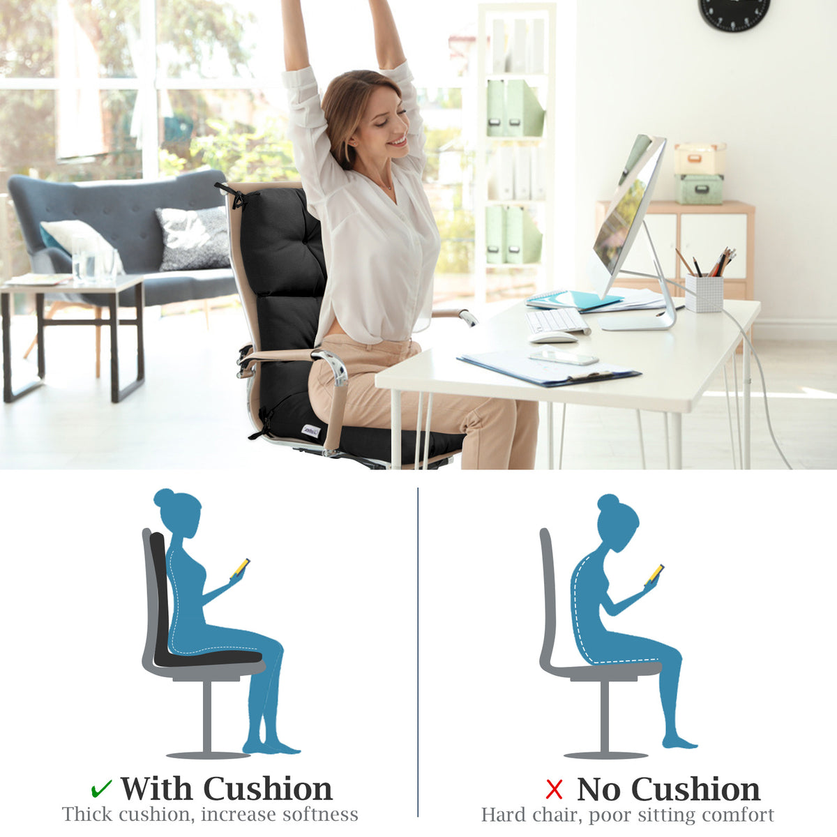 Patio Chair Seat Pads with Non-slip Rope Belts and Sun Protection for Indoor Outdoor Use-Black