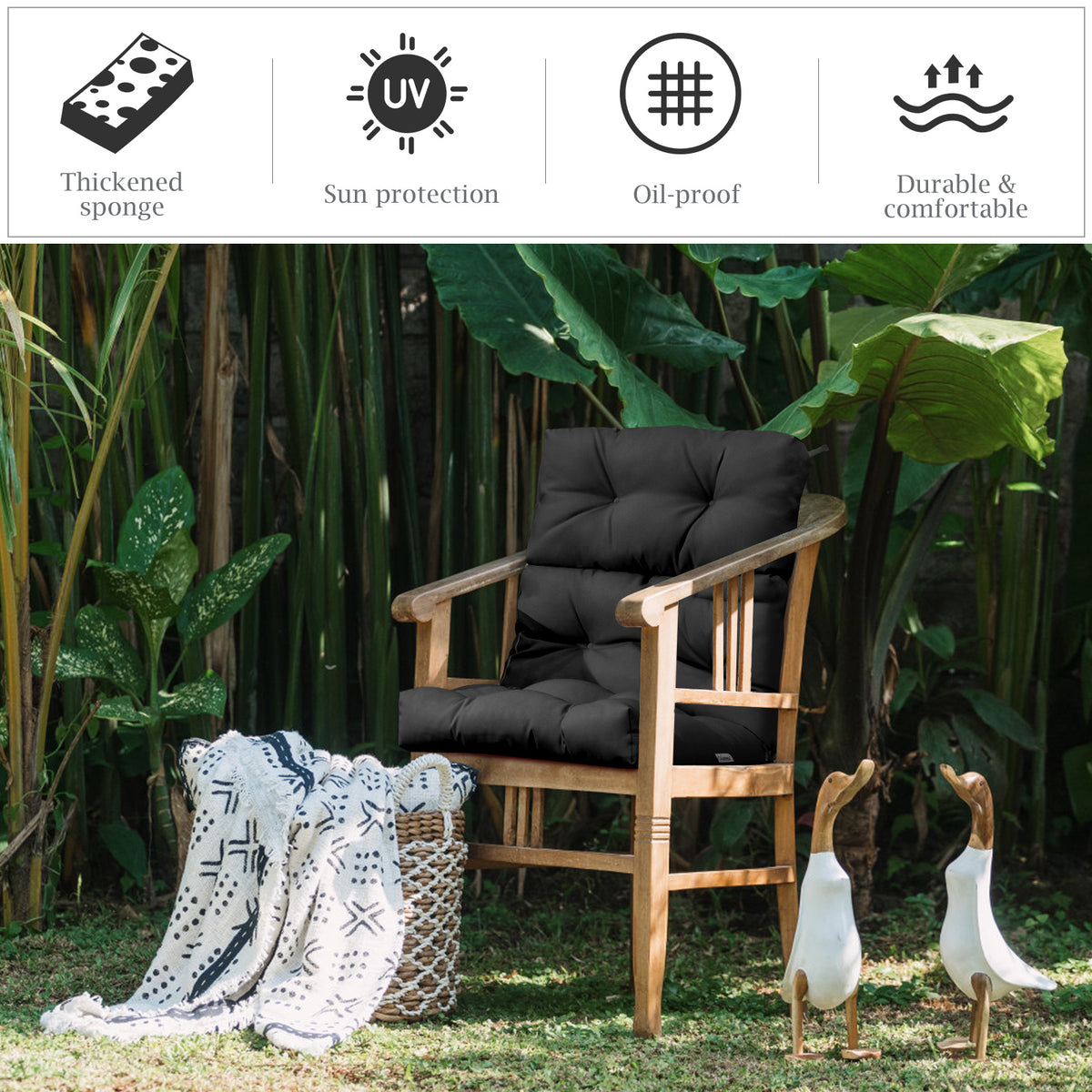 Patio Chair Seat Pads with Non-slip Rope Belts and Sun Protection for Indoor Outdoor Use-Black
