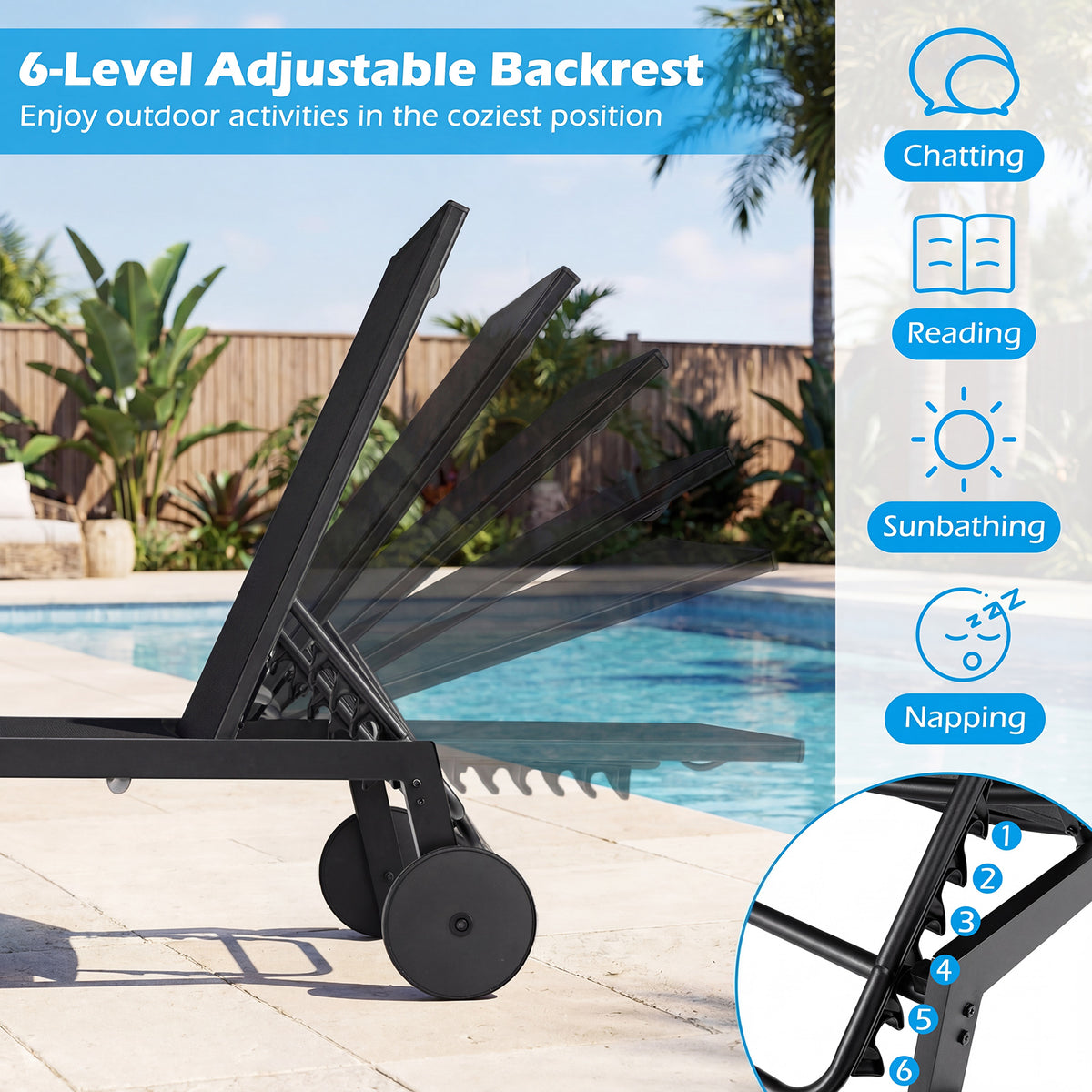 Patio Chaise Lounge Chair with Wheels Outdoor Recliner with 6-Level Adjustable Backrest-Black