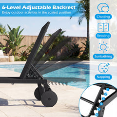 Patio Chaise Lounge Chair with Wheels Outdoor Recliner with 6-Level Adjustable Backrest-Black