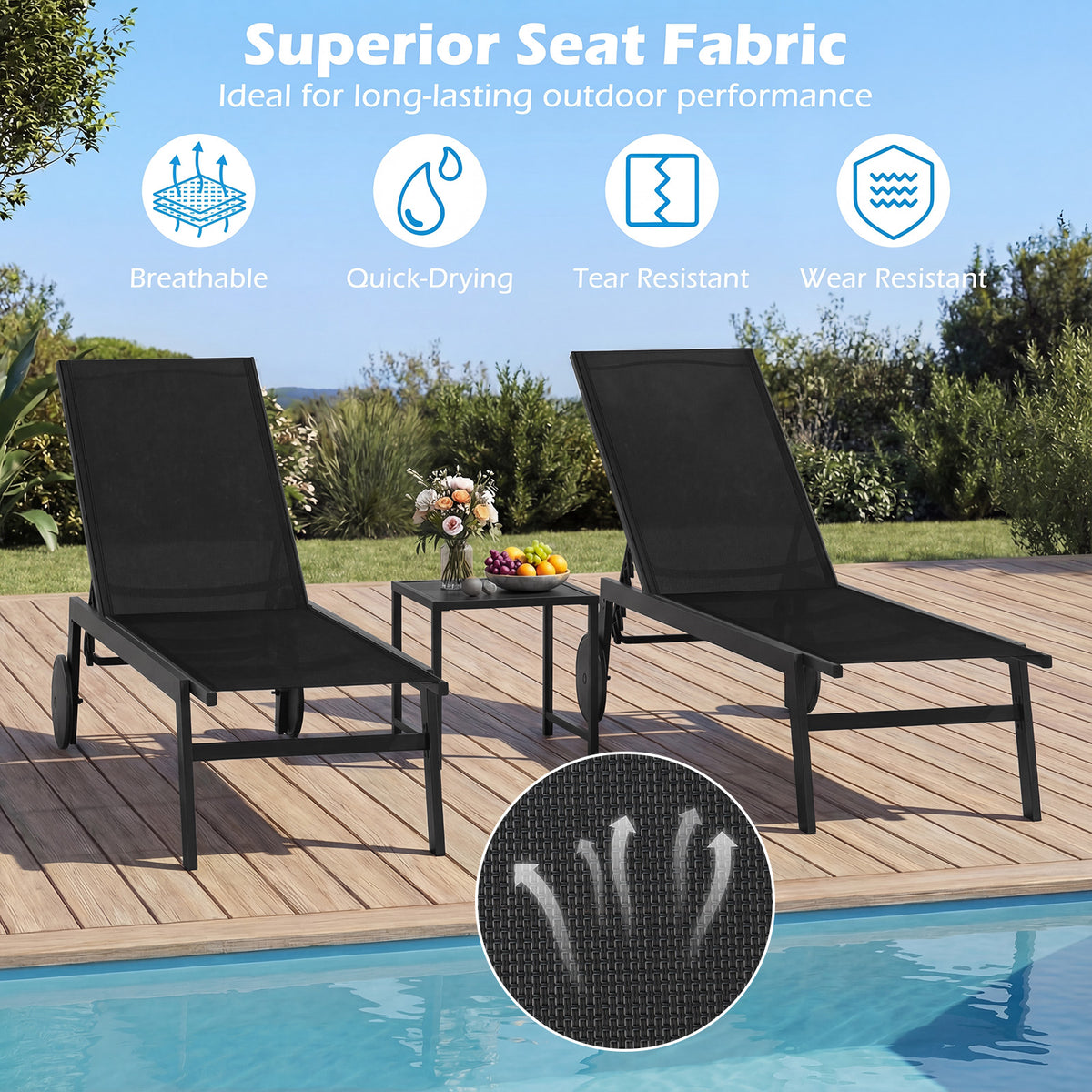 Patio Chaise Lounge Chair with Wheels Outdoor Recliner with 6-Level Adjustable Backrest-Black