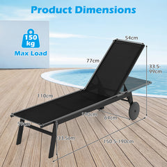 Patio Chaise Lounge Chair with Wheels Outdoor Recliner with 6-Level Adjustable Backrest-Black