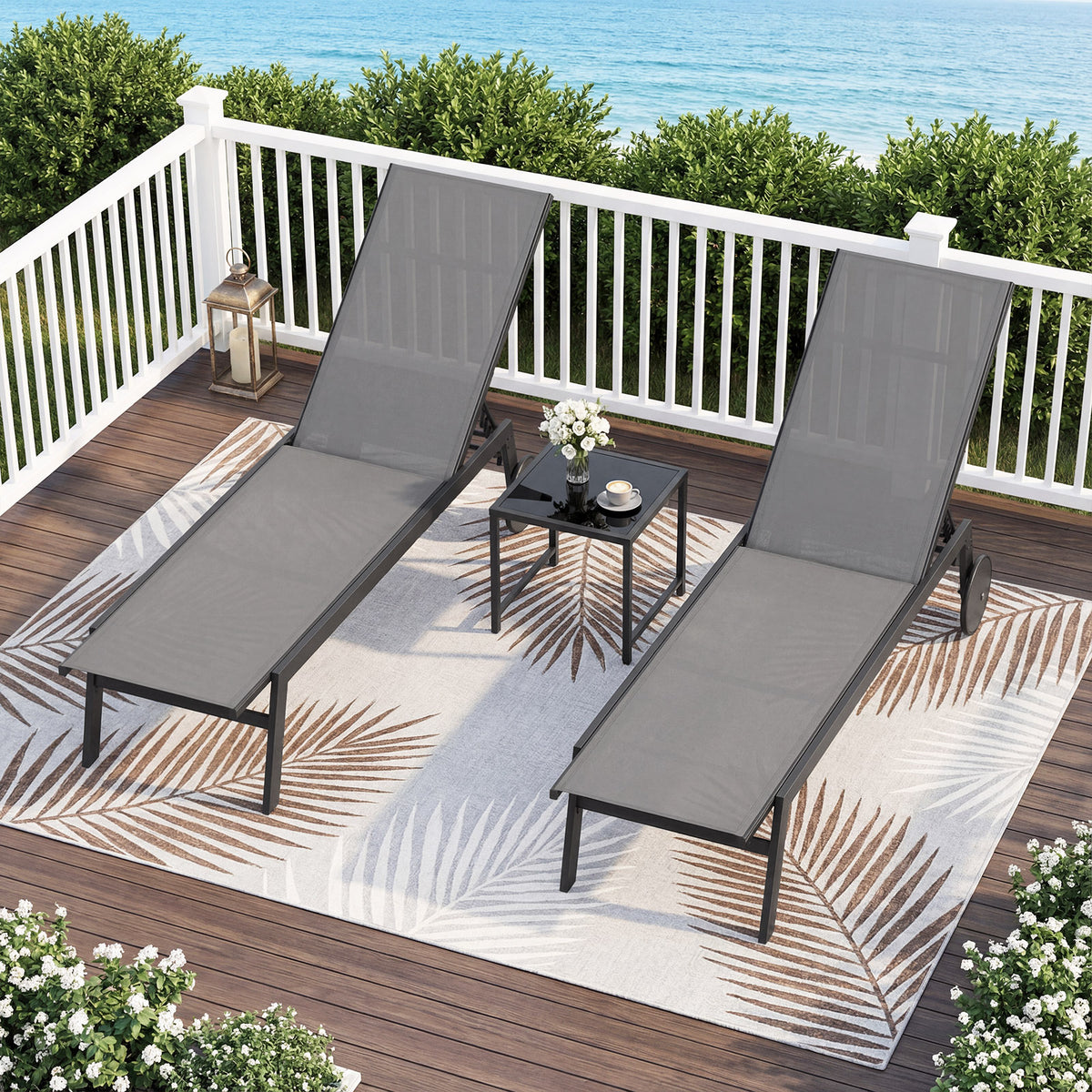 Patio Chaise Lounge Chair with Wheels Outdoor Recliner with 6-Level Adjustable Backrest-Gray