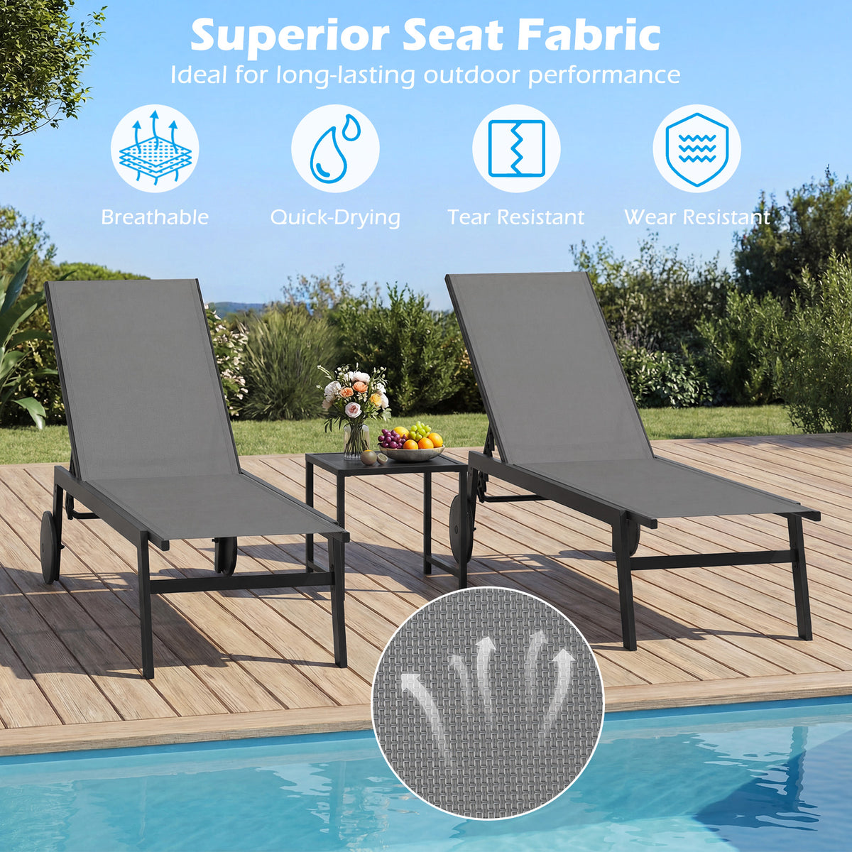 Patio Chaise Lounge Chair with Wheels Outdoor Recliner with 6-Level Adjustable Backrest-Gray