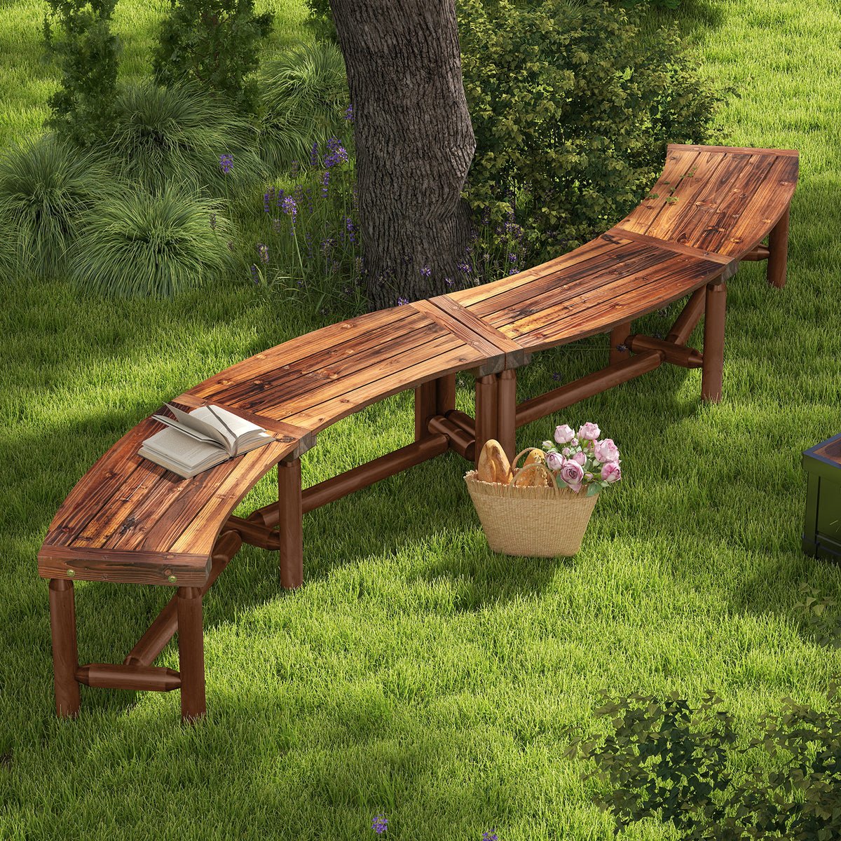 Patio Curved Bench Solid Wood Fire Pit Bench for 2-3 People Outdoor Backless Loveseat-Rustic Brown