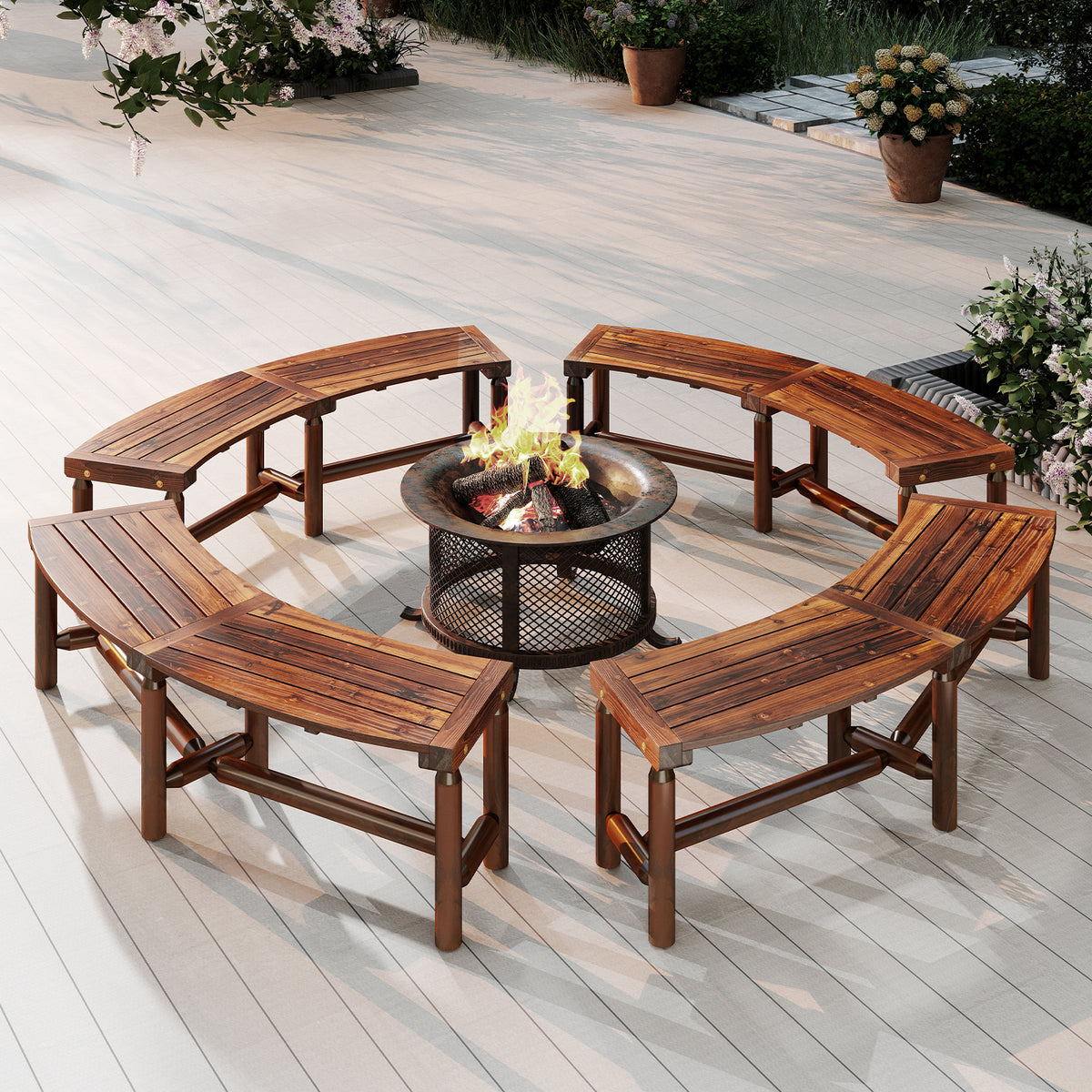 Patio Curved Bench Solid Wood Fire Pit Bench for 2-3 People Outdoor Backless Loveseat-Rustic Brown
