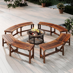 Patio Curved Bench Solid Wood Fire Pit Bench for 2-3 People Outdoor Backless Loveseat-Rustic Brown