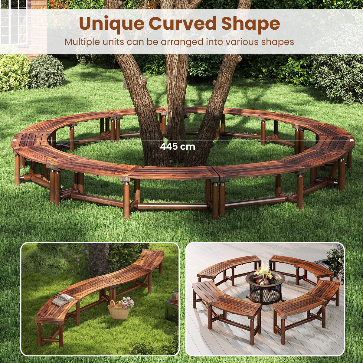 Patio Curved Bench Solid Wood Fire Pit Bench for 2-3 People Outdoor Backless Loveseat-Rustic Brown
