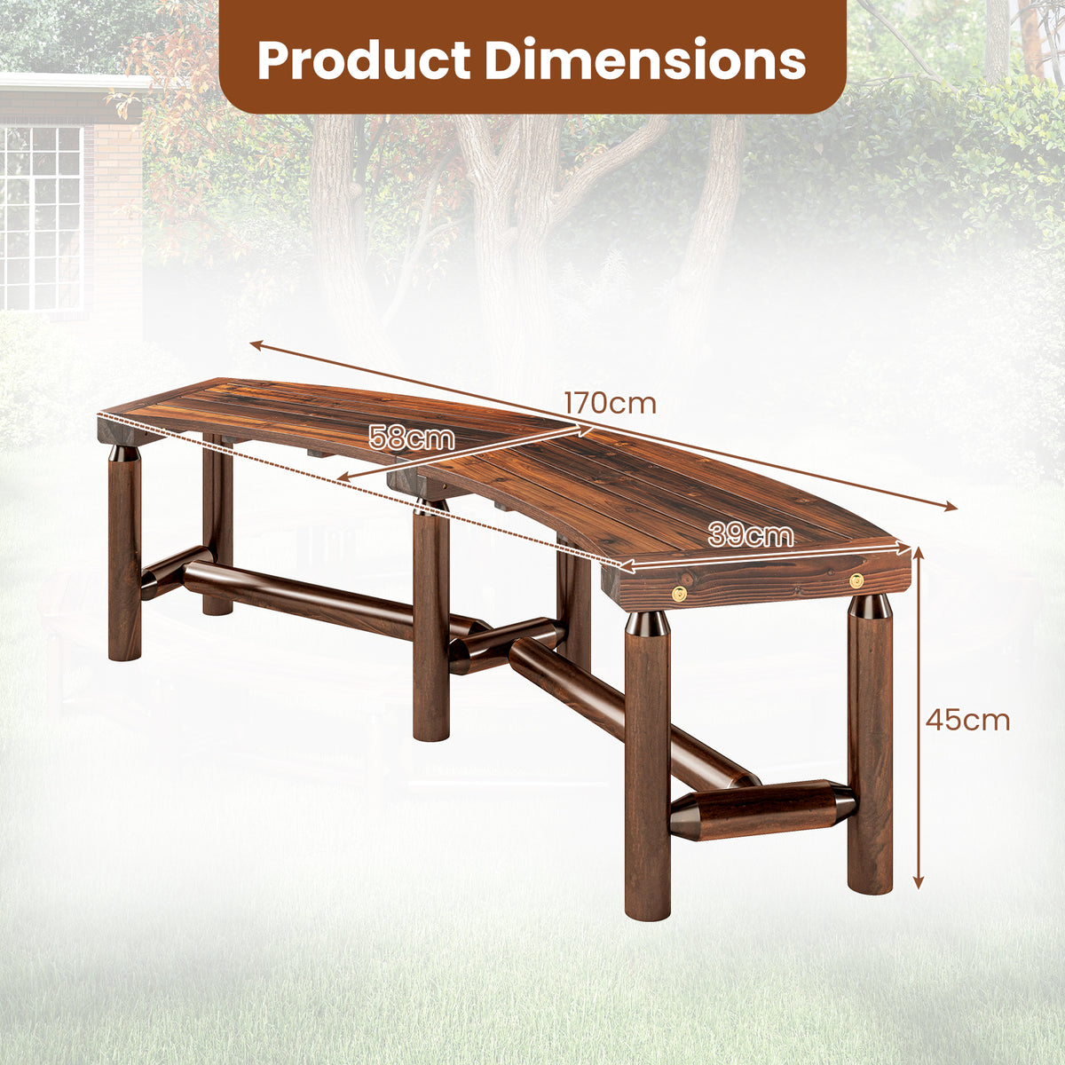 Patio Curved Bench Solid Wood Fire Pit Bench for 2-3 People Outdoor Backless Loveseat-Rustic Brown