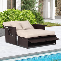 Patio Rattan Daybed Set with Ottoman and Adjustable Backrest-Beige