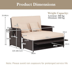 Patio Rattan Daybed Set with Ottoman and Adjustable Backrest-Beige