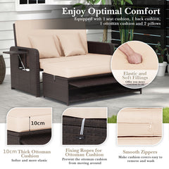 Patio Rattan Daybed Set with Ottoman and Adjustable Backrest-Beige