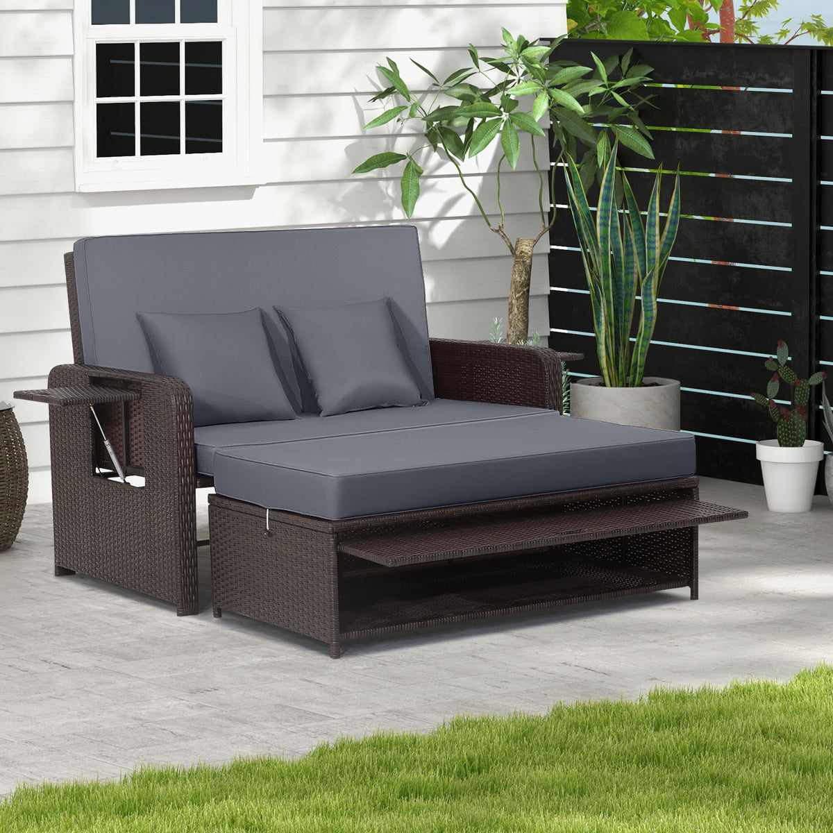 Patio Rattan Daybed Set with Ottoman and Adjustable Backrest-Grey