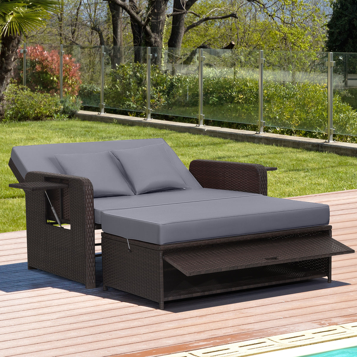 Patio Rattan Daybed Set with Ottoman and Adjustable Backrest-Grey