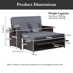 Patio Rattan Daybed Set with Ottoman and Adjustable Backrest-Grey