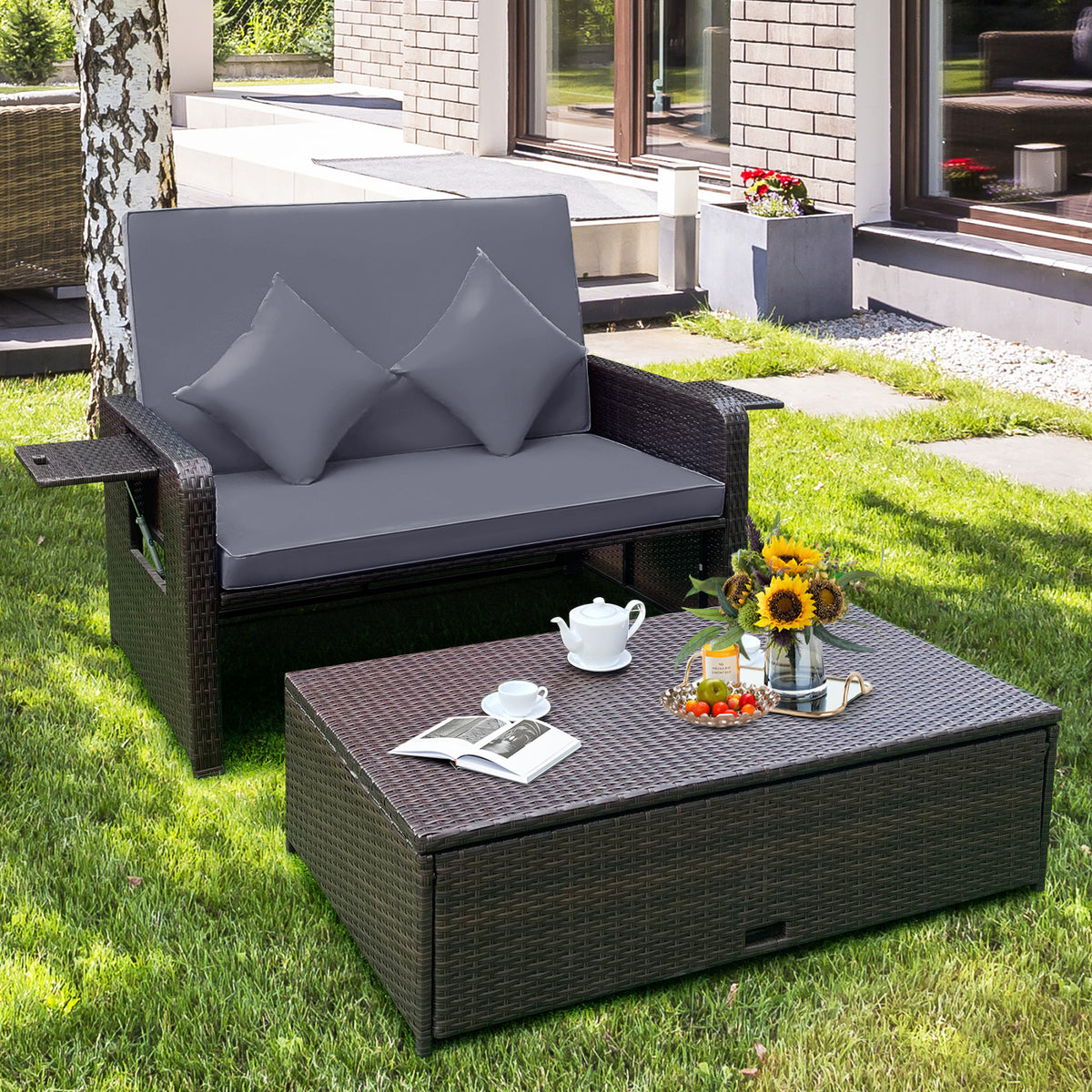 Patio Rattan Daybed Set with Ottoman and Adjustable Backrest-Grey
