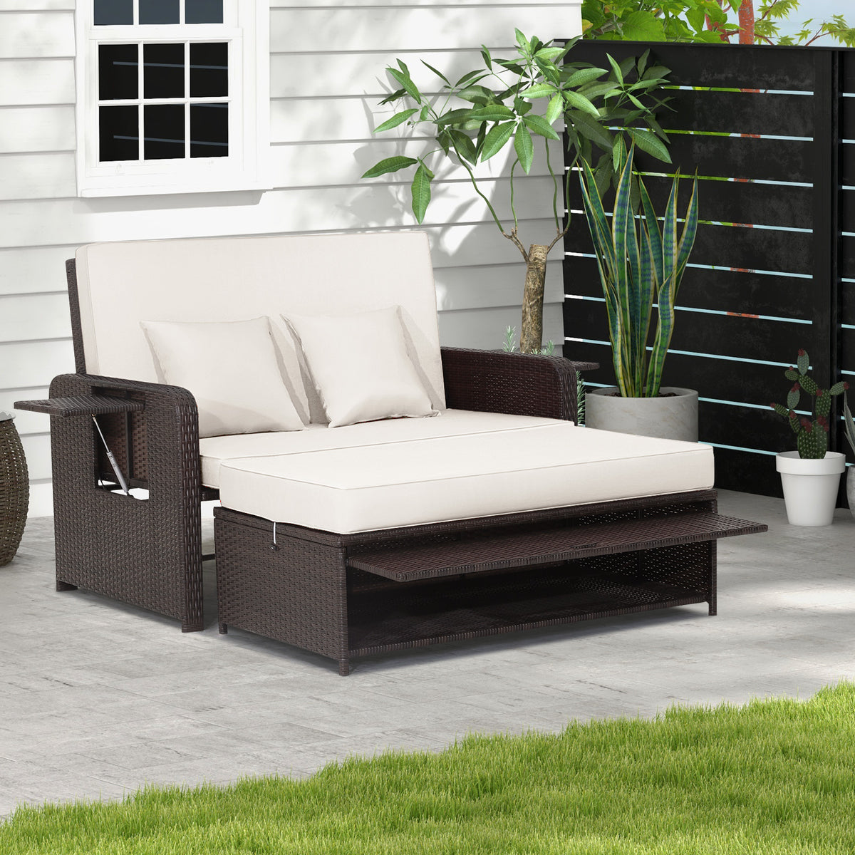 Patio Rattan Daybed Set with Ottoman and Adjustable Backrest-White