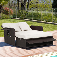 Patio Rattan Daybed Set with Ottoman and Adjustable Backrest-White