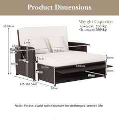 Patio Rattan Daybed Set with Ottoman and Adjustable Backrest-White