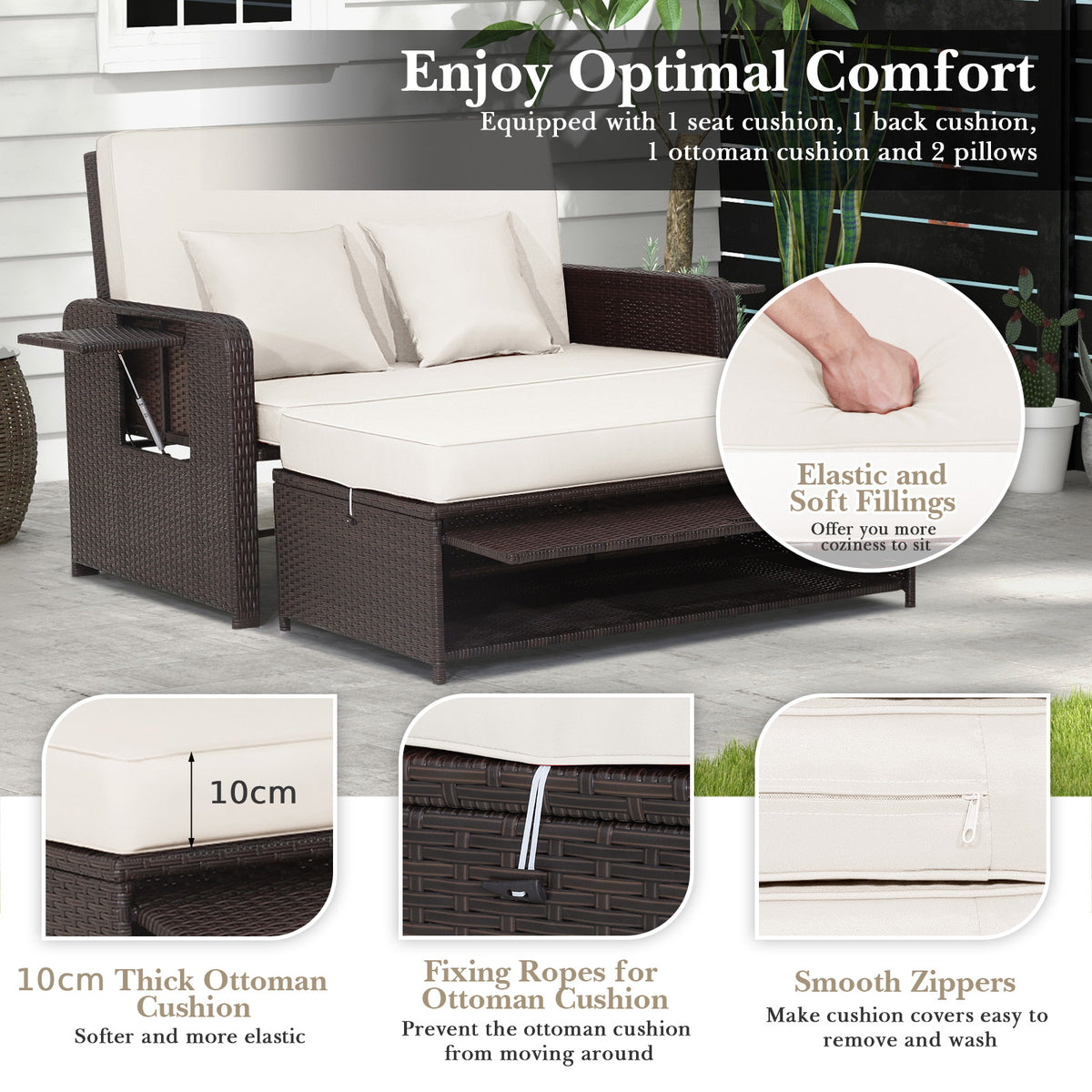 Patio Rattan Daybed Set with Ottoman and Adjustable Backrest-White