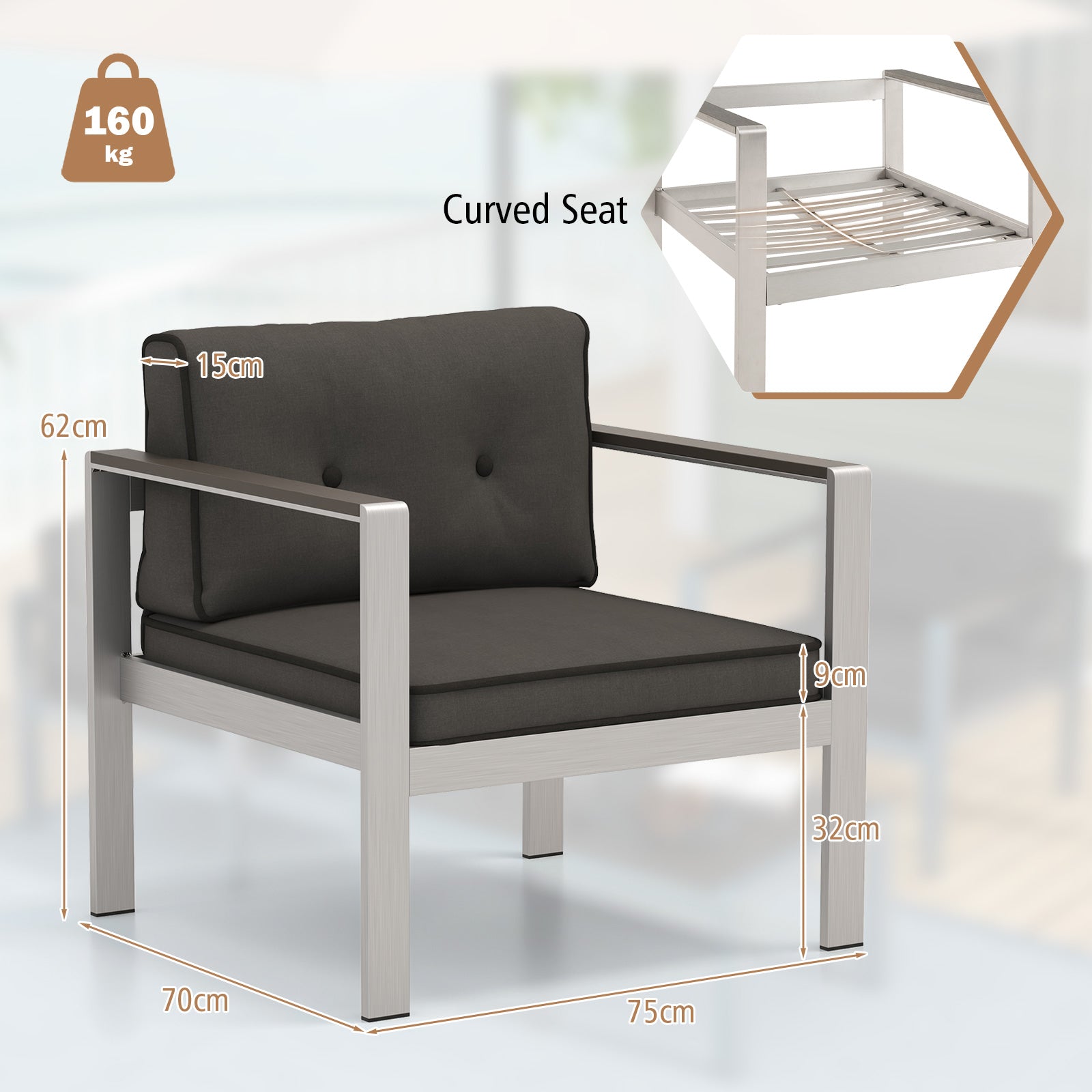 Patio Aluminum Armchair with Cushions Outdoor Sofa Chair-Grey