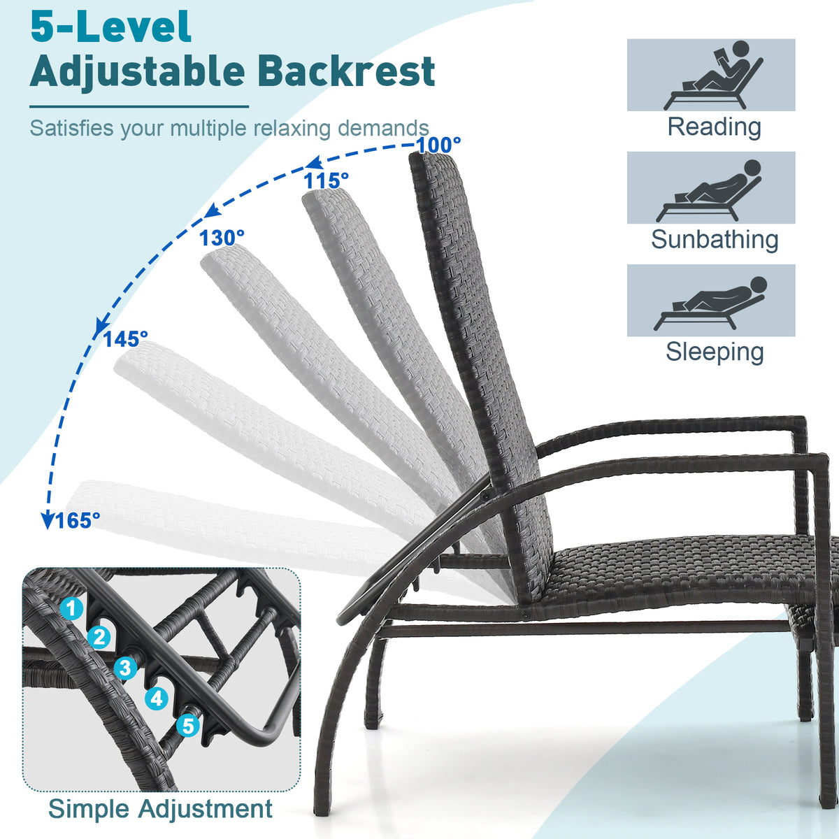 Patio Chaise Lounge with 5-Level Adjustable Backrest-Brown