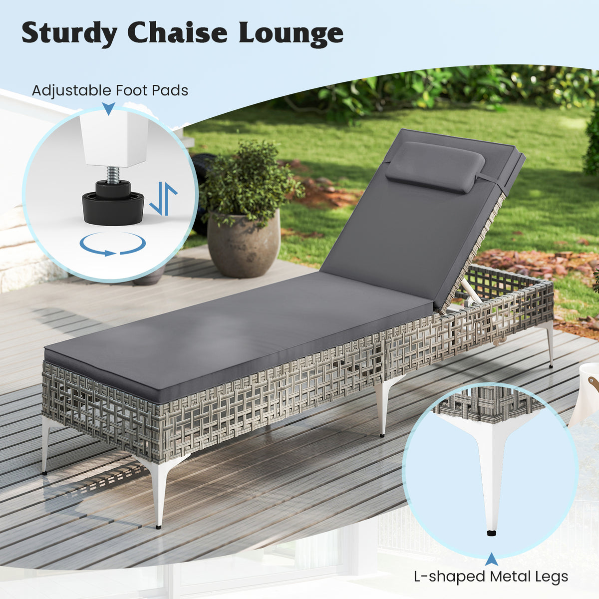 Patio Chaise Lounge PE Wicker Reclining Sun Lounger with 6-Level Adjustable Backrest-Grey-1 Piece