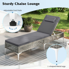 Patio Chaise Lounge PE Wicker Reclining Sun Lounger with 6-Level Adjustable Backrest-Grey-1 Piece