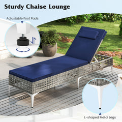 Patio Chaise Lounge PE Wicker Reclining Sun Lounger with 6-Level Adjustable Backrest-Navy-1 Piece