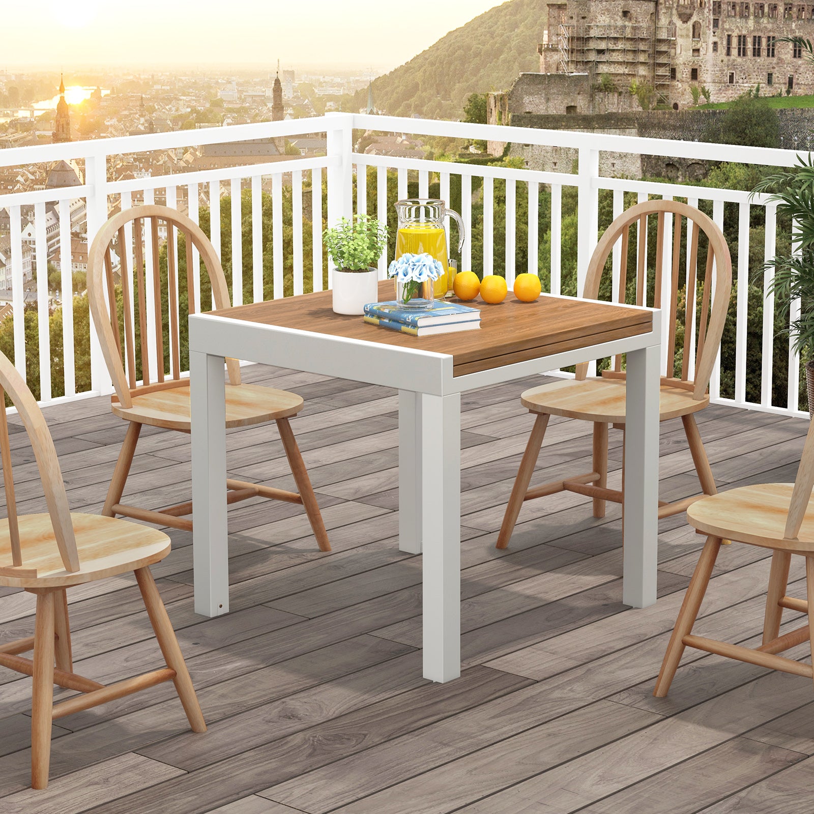 Patio Expandable Dining Table Rectangular Aluminum Dining Table for 4-6 Person-Natural