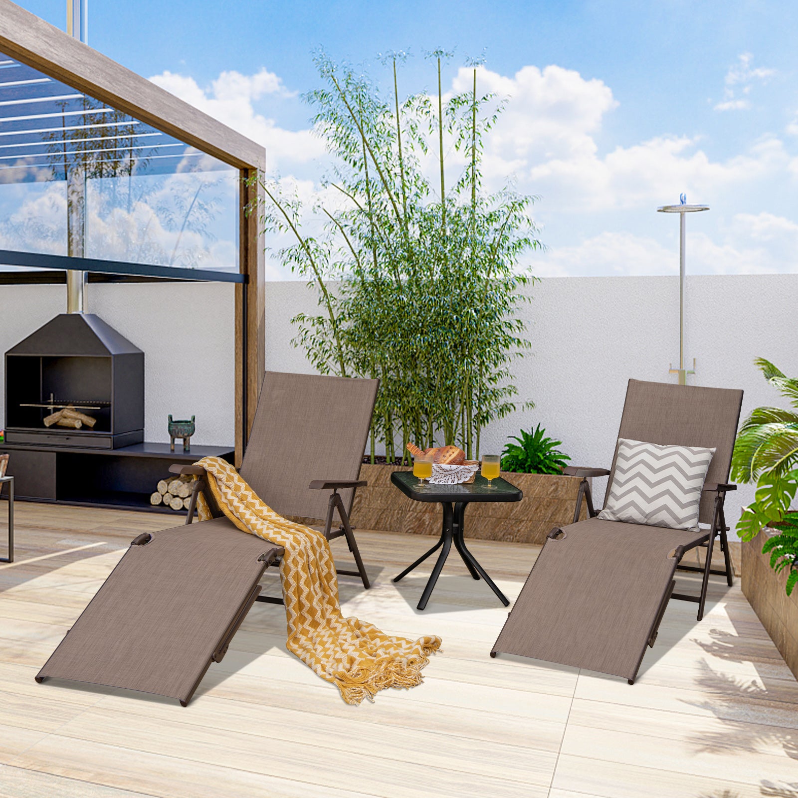 Patio Foldable Chaise Lounge Chair Reclining with Adjustable Backrest-Brown-2 Pack