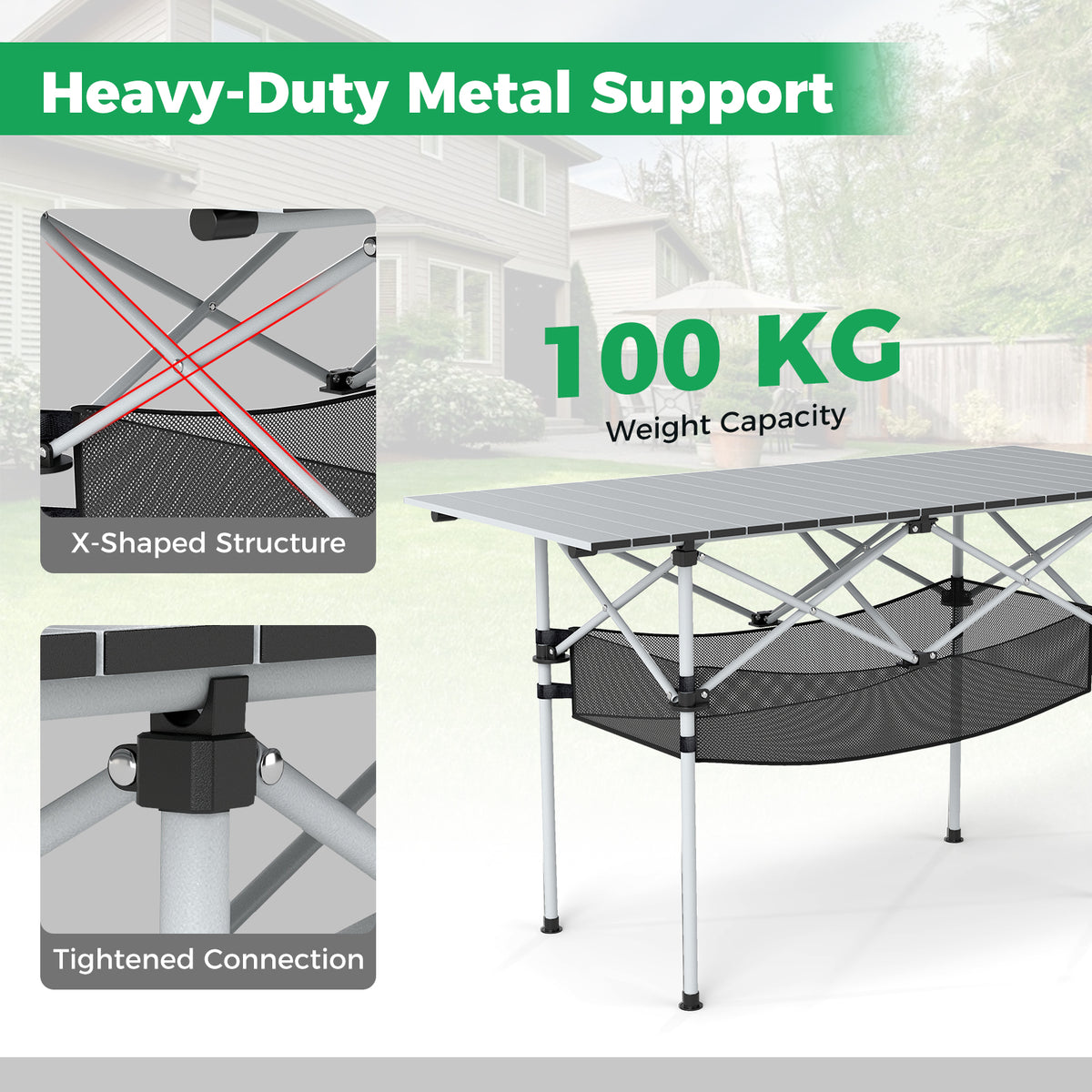 Patio Folding Camping Table Picnic Table with Aluminum Roll-up Tabletop-Silver