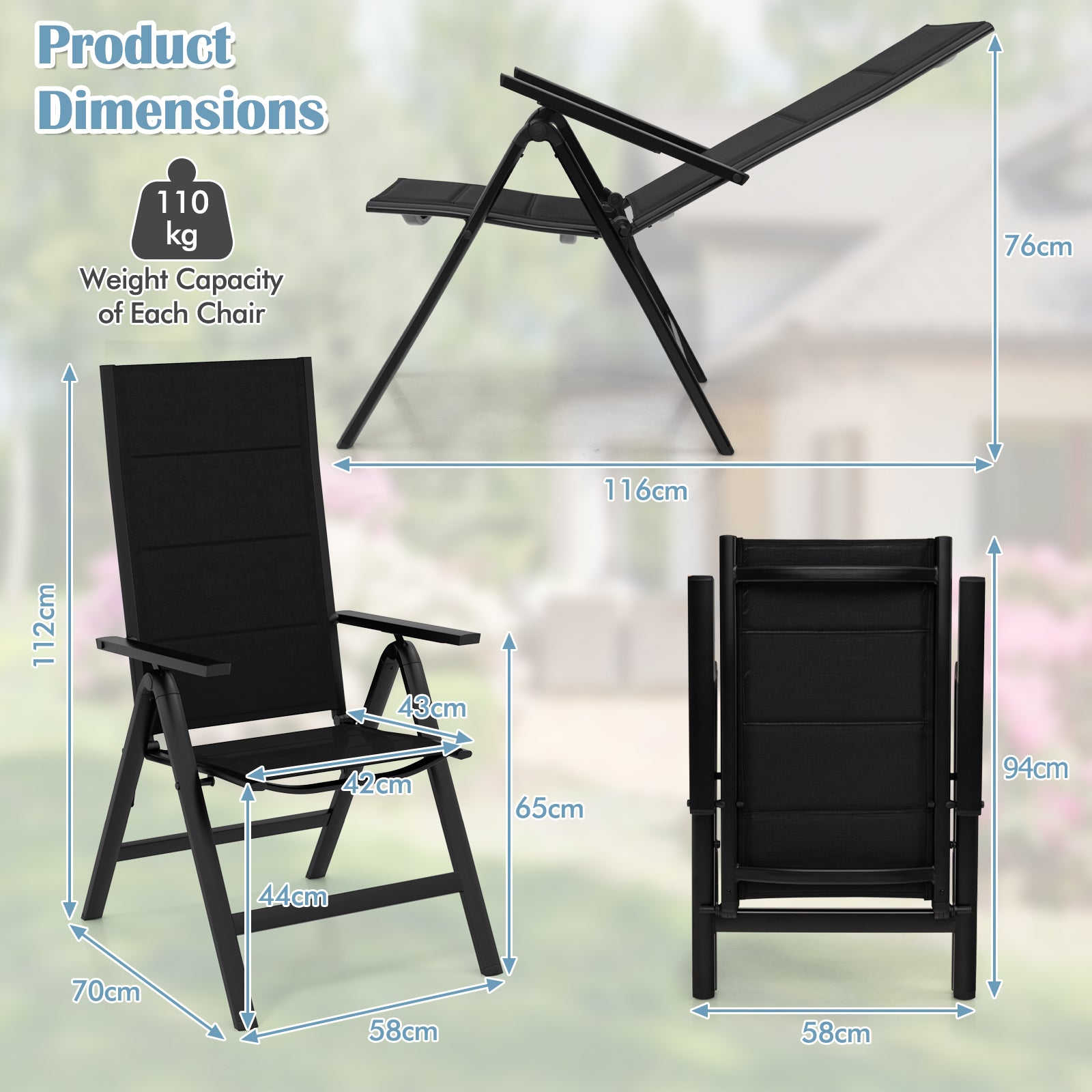 Patio Folding Chairs Lightweight Dining Chairs with Soft Padded Seat-Black