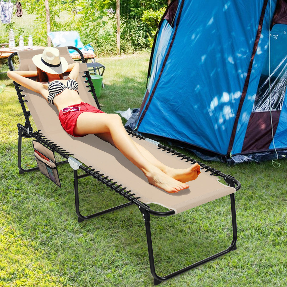 Patio Folding Chaise Lounge Chair Portable Sun Lounger with Adjustable Backrest-Beige