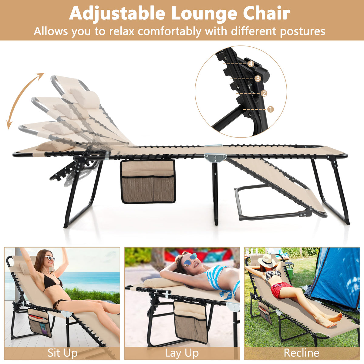 Patio Folding Chaise Lounge Chair Portable Sun Lounger with Adjustable Backrest-Beige