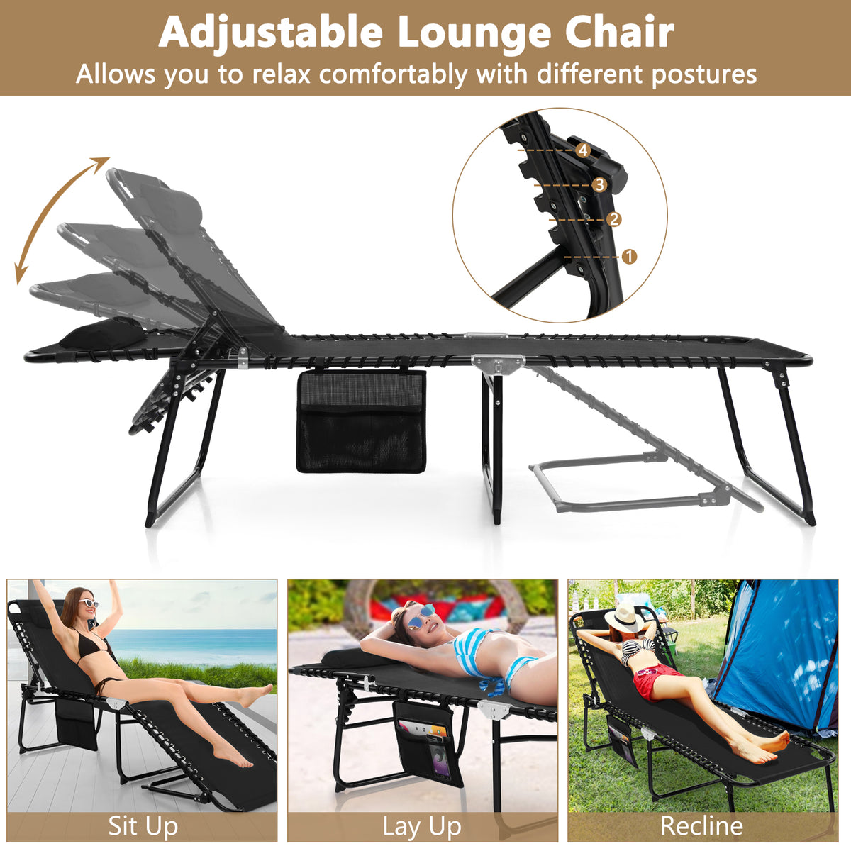 Patio Folding Chaise Lounge Chair Portable Sun Lounger with Adjustable Backrest-Black