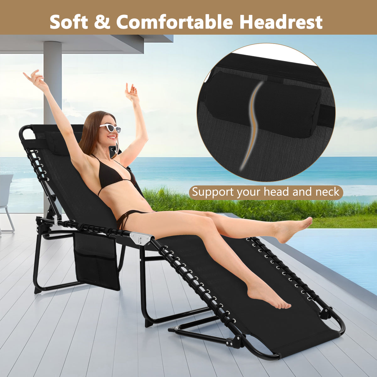 Patio Folding Chaise Lounge Chair Portable Sun Lounger with Adjustable Backrest-Black
