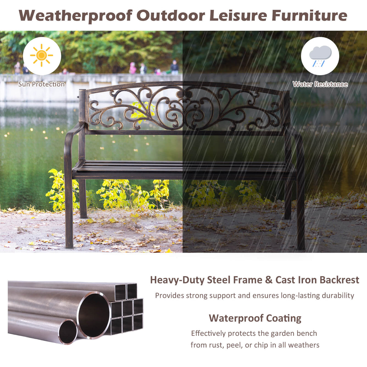 Patio Garden Bench Cast Iron and Steel Porch Loveseat with Armrests-Bronze