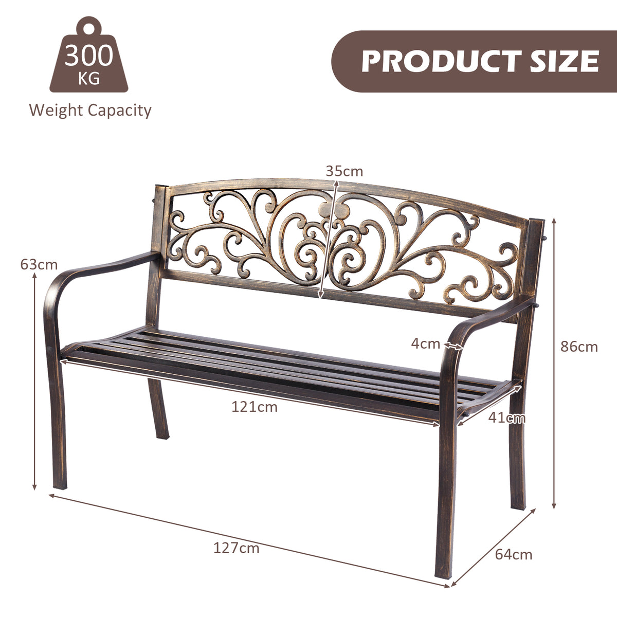 Patio Garden Bench Cast Iron and Steel Porch Loveseat with Armrests-Bronze