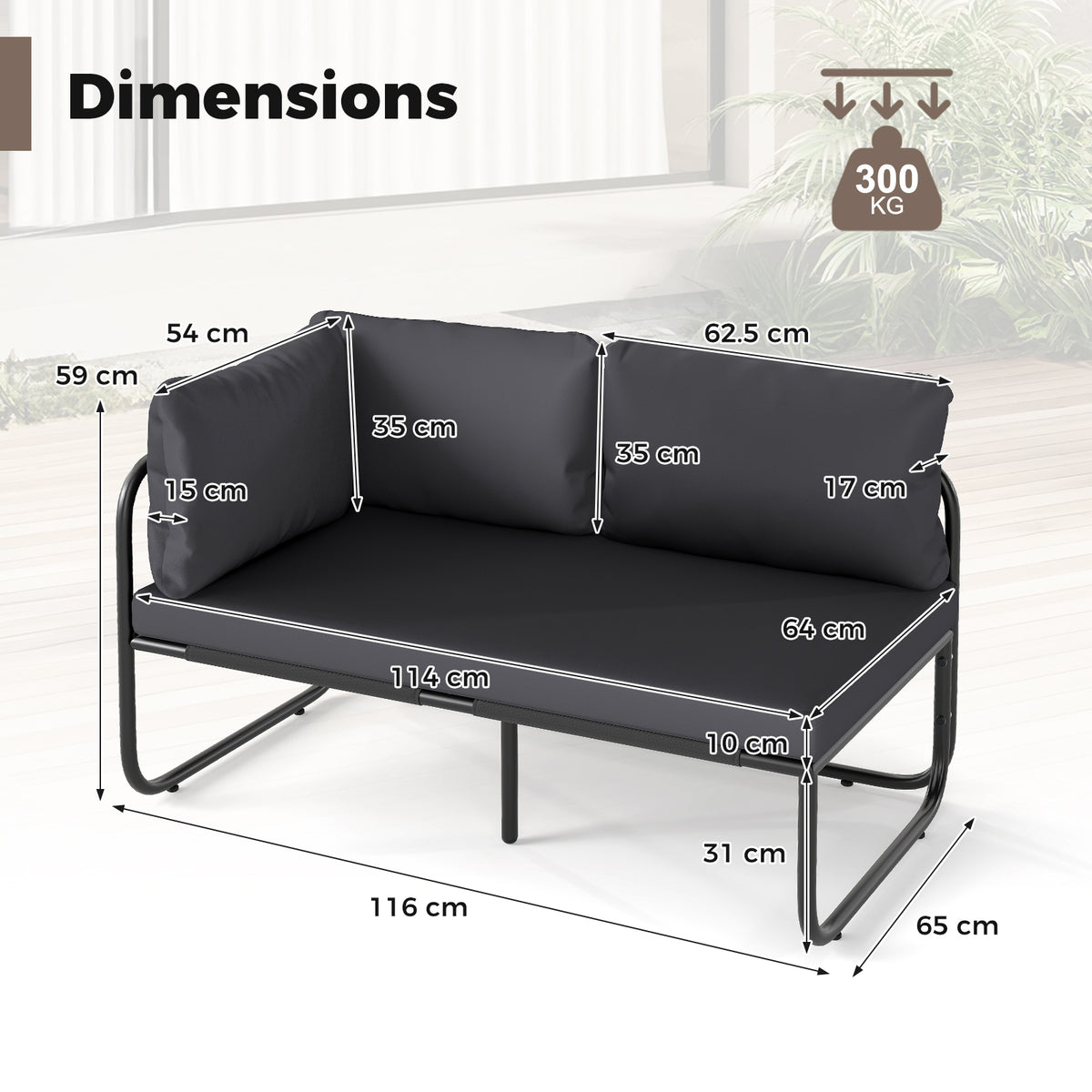 Patio Loveseat Sofa Couch with Removable Pillows and Seat Cushion-Grey