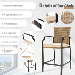 Patio Rattan Bar Stools Set of 4 with Soft Cushions High Backrest