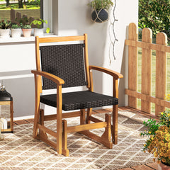 Patio Rattan Glider Chair Swing Gliding Rocker with Acacia Wood Frame