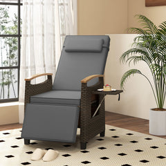 Patio Rattan Lounge Chair Recliner with Adjustable Footrest and Side Table-Grey