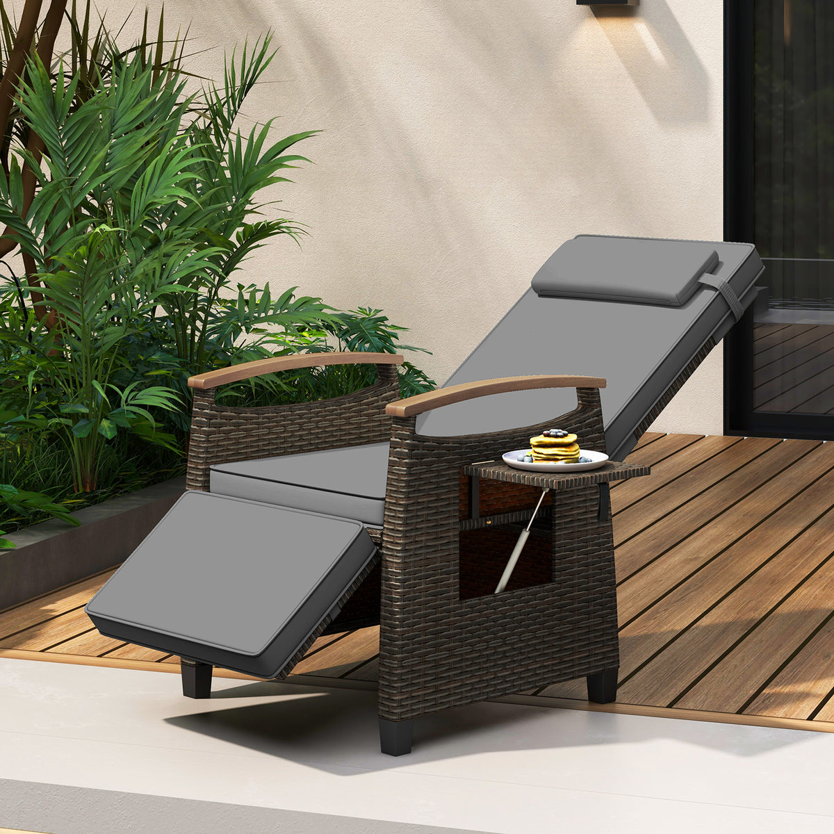 Patio Rattan Lounge Chair Recliner with Adjustable Footrest and Side Table-Grey