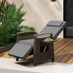 Patio Rattan Lounge Chair Recliner with Adjustable Footrest and Side Table-Grey
