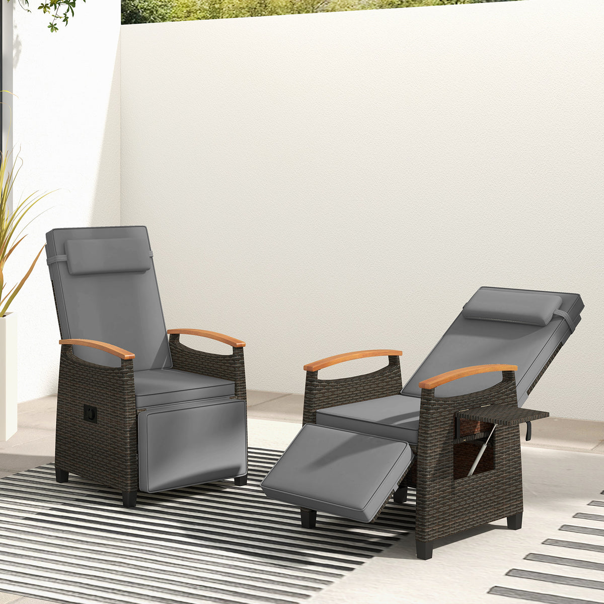 Patio Rattan Lounge Chair Recliner with Adjustable Footrest and Side Table-Grey