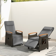 Patio Rattan Lounge Chair Recliner with Adjustable Footrest and Side Table-Grey